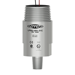 A stainless steel LP902-XXX-5XC loop power sensor with red and black wires coming out of the top exit connector, and engraved with the CTC Logo, part number, serial number, and hazardous rating logos.