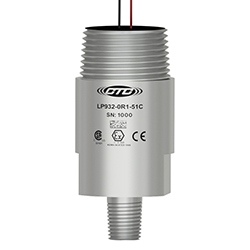 A stainless steel LP932-XXX-5XC loop power sensor with red and black wires coming out of the top exit connector, and engraved with the CTC logo, part number, serial number, and hazardous rating logos.