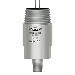 A stainless steel LP962-XXX-5XC loop power vibration sensor with red and black wires coming out of the top exit connector, and engraved with the CTC Line logo, part number, serial number, and hazardous rating logos.