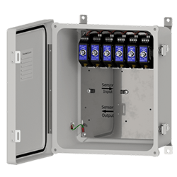 A render of a PXE150 fiberglass standard size proximity probe driver enclosure with the front panel open.