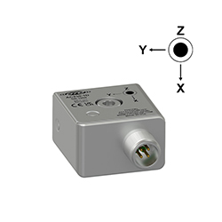 A render of a CTC AC233 stainless steel, side exit triaxial industrial accelerometer with axis orientation diagram.