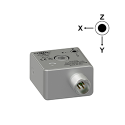A render of a CTC AC360 stainless steel, side exit triaxial industrial accelerometer with axis orientation diagram.