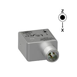 A render of a CTC BSFA333-IV stainless steel, side exit biaxial accelerometer with axis orientation diagram.