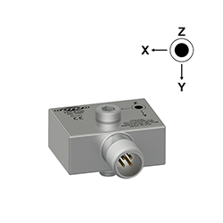 A render of a CTC TRCA330 stainless steel, miniature size, side exit triaxial industrial accelerometer.