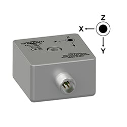 A standard size, stainless steel, side exit TXEA331-VE velocity triaxial sensor engraved with Z, X, and Y axes labels, CTC line logo, and other product information.