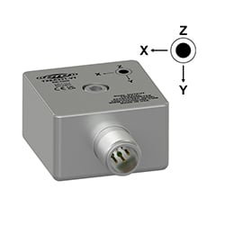 A render of a stainless steel CTC TXE331-VT dual output vibration sensor with cartesian coordinates.