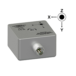 A standard size, stainless steel, side exit TXEA333-VE velocity triaxial sensor engraved with Z, X, and Y axes labels, CTC line logo, and other product information.