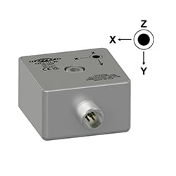 A standard size, stainless steel, side exit TXFA331-VE velocity triaxial sensor engraved with Z, X, and Y axes labels, CTC line logo, and other product information.