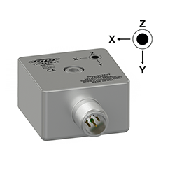 A render of a CTC TXFA333-VT stainless steel, side exit triaxial accelerometer with axis orientation diagram.