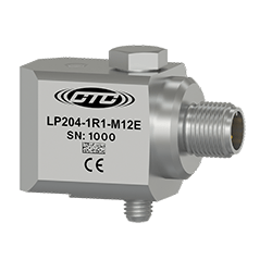 A stainless steel, standard size, M12 side exit LP204-M12E loop power sensor engraved with the CTC Line logo, part number, serial number, and CE and UKCA certification markings.