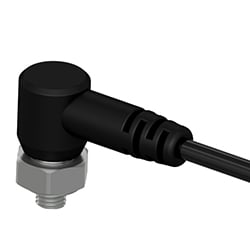 A low profile, black nylon overmolded MCB360 side exit sensor with a rotating lock nut and an integral cable with strain relief.