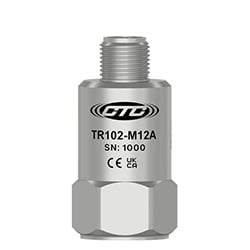 A standard size, M12 top exit TR102-M12A RTD dual output sensor engraved with the CTC Line logo, part number, serial number, and CE and UKCA certification markings.