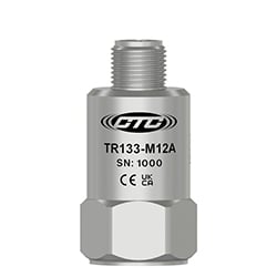 A standard size, M12 side exit TR104-M12A RTD dual output sensor engraved with the CTC Line logo, part number, serial number, and CE and UKCA certification markings.