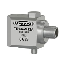 A standard size, M12 side exit TR134-M12A RTD dual output sensor engraved with the CTC Line logo, part number, serial number, and CE and UKCA certification markings.
