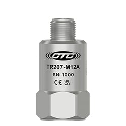 A standard size, M12 top exit TR207-M12A RTD high temperature sensor engraved with the CTC Line logo, part number, serial number, and CE and UKCA certification markings.