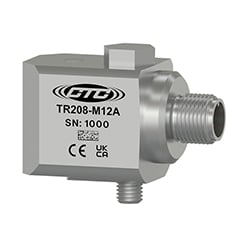 A standard size, M12 side exit TR208-M12A RTD high temperature sensor engraved with the CTC Line logo, part number, serial number, and CE and UKCA certification markings.