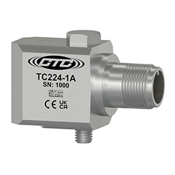 A stainless steel, standard size, side exit TC224 temperature sensor engraved with the CTC Line logo, part number, serial number, and CE and UKCA certification markings.