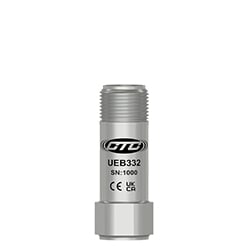 A stainless steel, mini size, top exit UEB332 ultrasound sensor engraved with the CTC Line logo, part number, serial number, and CE and UKCA certification markings.