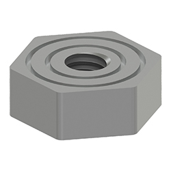 A render of a TMP Line MHT130 lightweight isolated mounting pad with 10-32 tapped hole and anodized aluminum hard coat.