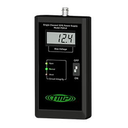 A render of a CTC PS01A single-channel IEPE power supply with green TMP Line product label.