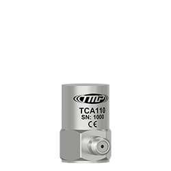 A render of a TMP Line TCA110 10 mV/g, ±10% lightweight titanium side exit accelerometer.