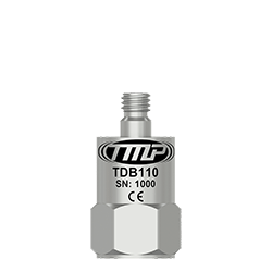A small, top exit TMP Line vibration analysis sensor engraved with the TDB110 part number and other identifying product information.