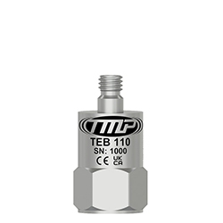 A small, top exit TMP Line vibration analysis sensor engraved with the TEB110 part number and other identifying product information.