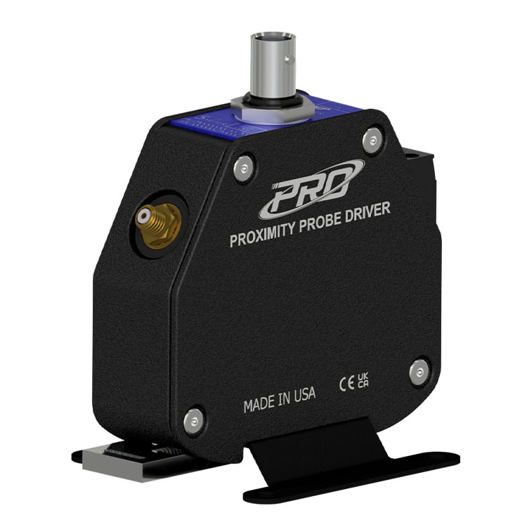 8-millimeter PRO Line proximity probe driver with black case and navy blue metal face plate.