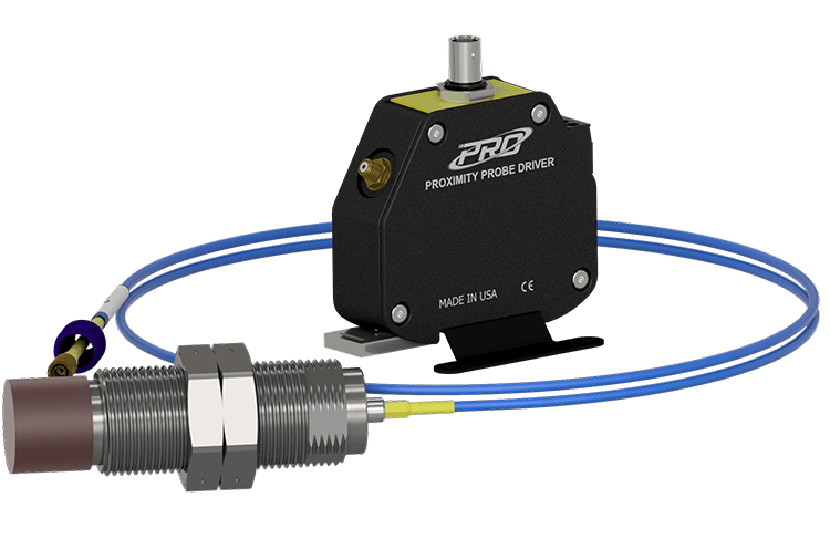 A render of a CTC PRO Line 25 mm proximity probe, extension cable, and driver.