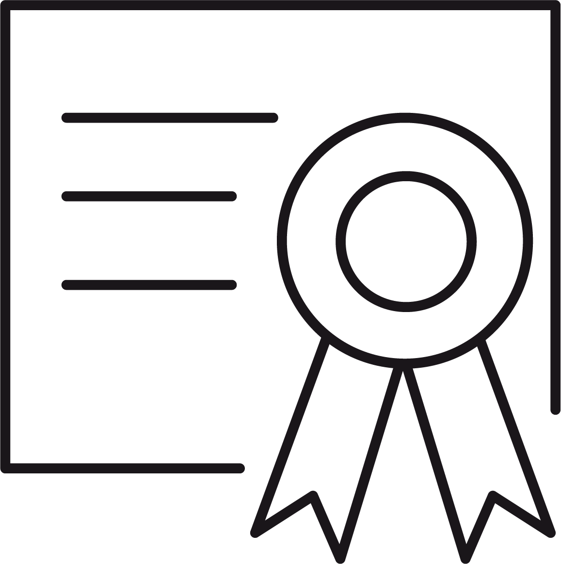 black and white line drawing of a certificate with lines of text and an official seal
