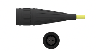 Front and Side View of CTC's V2R black Viton boot connector on a yellow industrial cable