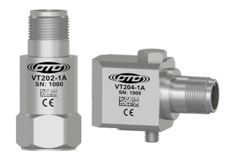 Standard size, top exit VT202 vibration monitoring sensor next to VT204, standard size, side exit vibration monitoring sensor