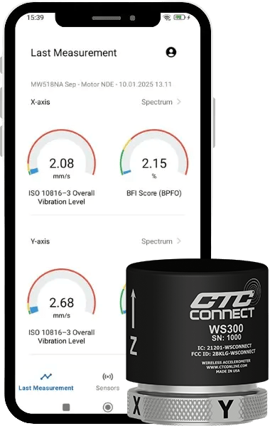 A render of a smartphone with ABLE Handy app and a CTC ConnectSens WS300 wireless sensor.