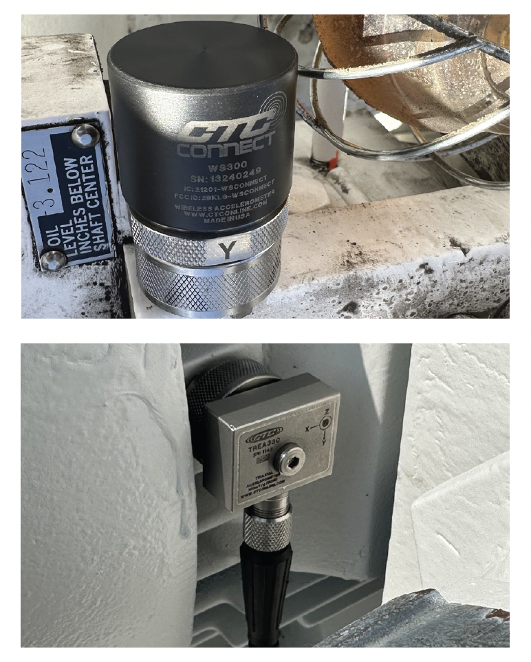 A CTC ConnectSens wireless sensor and a TREA330 triaxial sensor magnet mounted on machines.