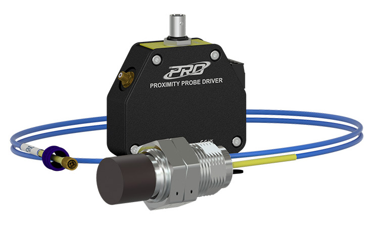 a black 25 mm proximity probe driver engraved with the PRO Line logo surrounded by a probe tip on a blue extension cable