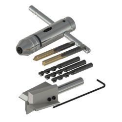 A render of a CTC MH117-3B accelerometer installation tool kit with spot face, drill bits, and tap set.