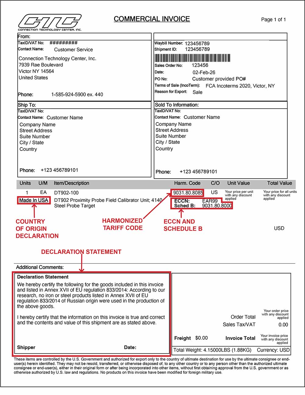 An example CTC Commercial Invoice