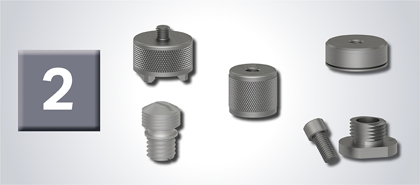 Vibration System Component #2 - an image of portable and permanent mounting hardware including a mounting bolt, a mounting magnet, and a quick disconnect kit.