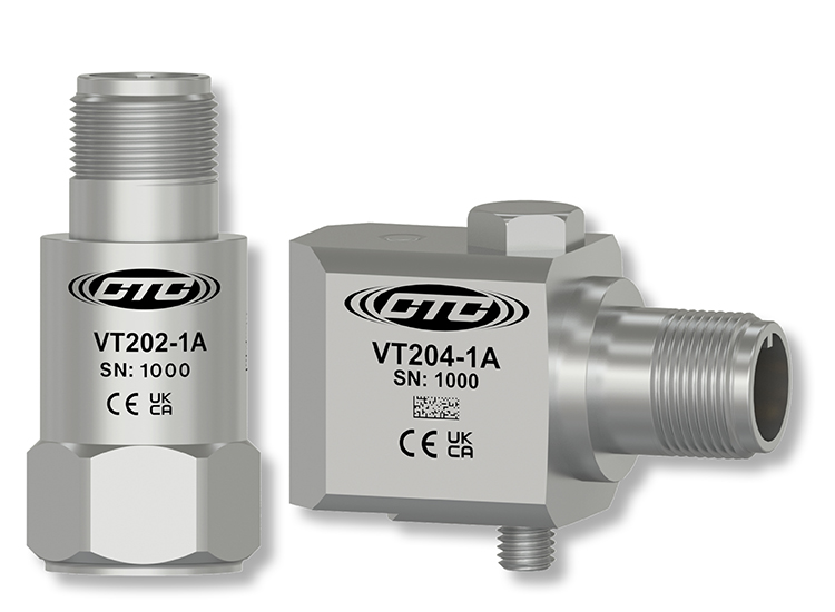 VT202 standard size, top exit, stainless steel accelerometer and VT204 standard size, side exit, stainless steel accelerometer