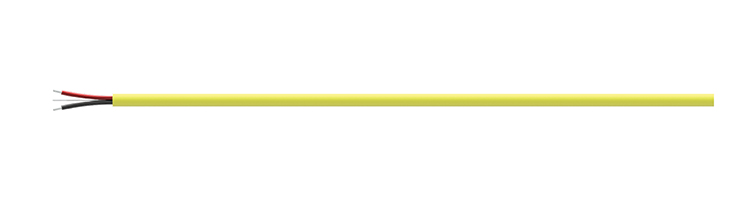 A segment of a CB111 yellow FEP jacketed cable with two conductor wires (red, black) and a drain wire showing on the left side of the cable.