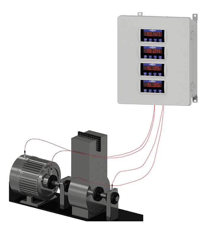 A render of a CTC sensors mounted on a motor with red cabling running to a PMX Series enclosure.