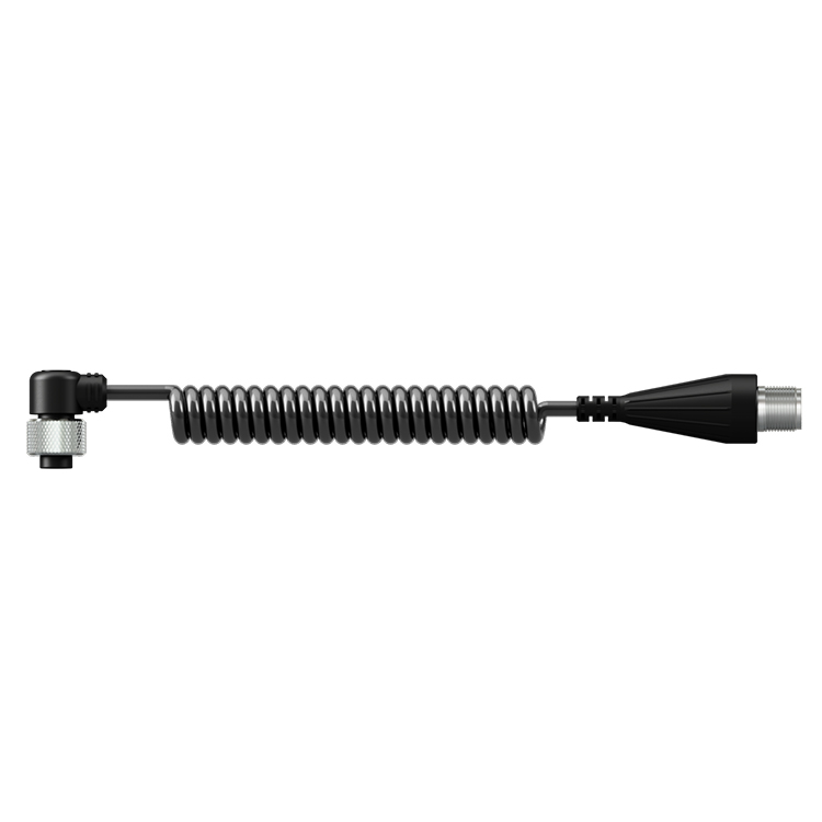 A black coiled cable with a right-angle connector on one end and a molded connector on the other end.