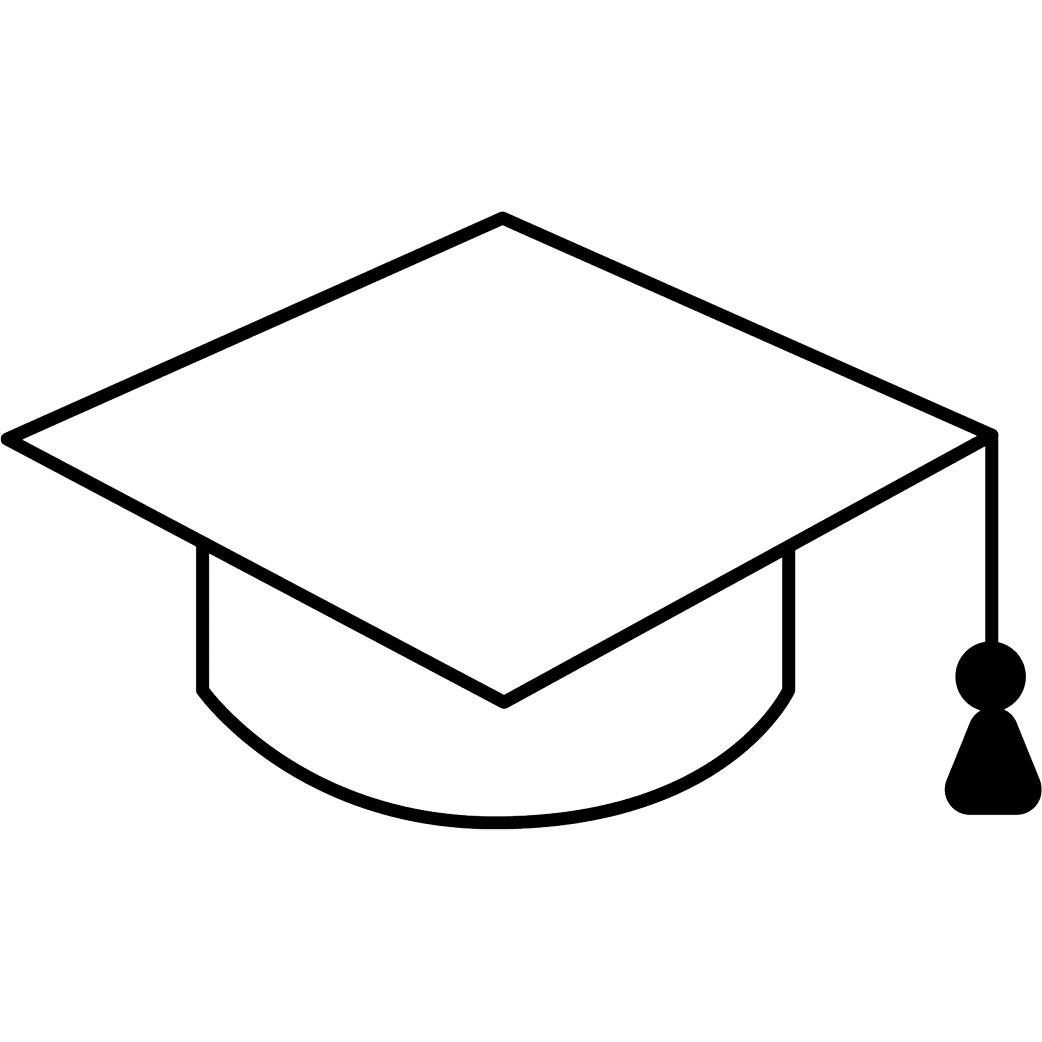 a black line drawing of a graduation cap with tassle.