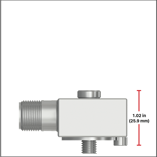 CTC mini size side exit accelerometer with a red measurement line showing a height of 1.02 inches (25.9 millimeters)