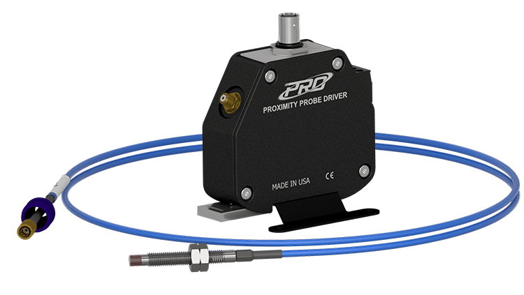 A render of a CTC PRO Line 5 mm proximity probe, driver, and extension cable.