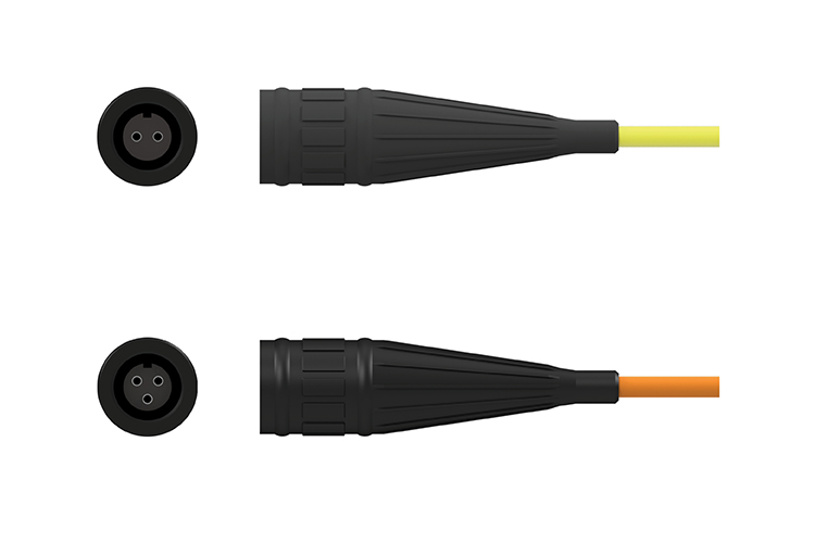 A front and side view of a black Viton, two-socket V2R high-temperature connector with stainless steel locking ring above a front and side view of a black Viton, three-socket V3R high-temperature connector.
