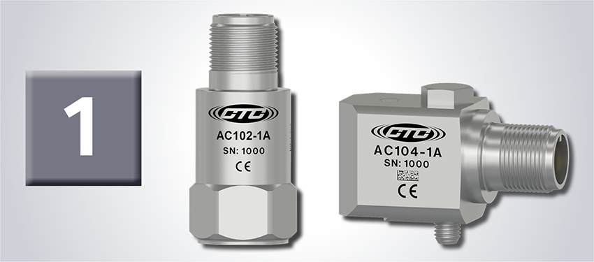 Vibration System Component #1 - an image of a CTC AC102 standard size top exit vibration monitoring sensor and anAC104 standard size side exit vibration monitoring sensor on a grey gradient background