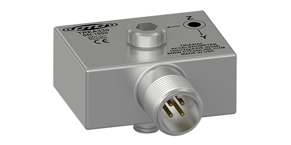 A render of a CTC TREA330 compact size triaxial accelerometer