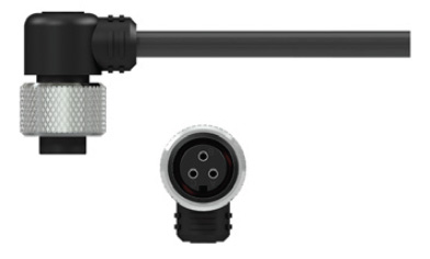 side and front view of CTC's A2Y right angle, black nylon molded connector with stainless steel knurled locking ring on a black cable