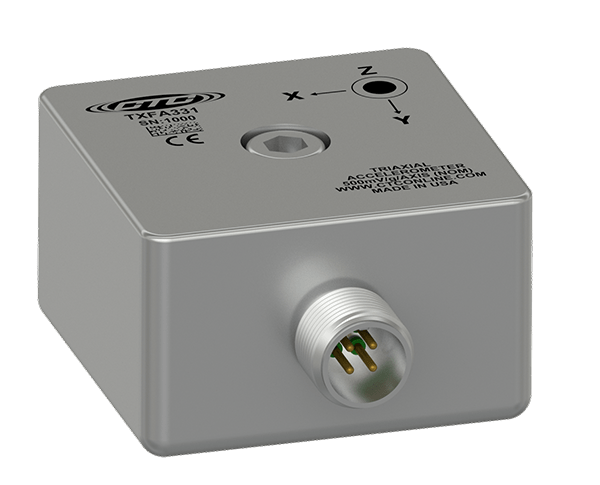 A render of CTC's T XFA331 standard size, side exit, triaxial accelerometer.